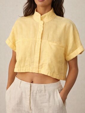 Yellow Linen Boxy Crop Shirt Hidden Placket Band Collar Minimalist Top